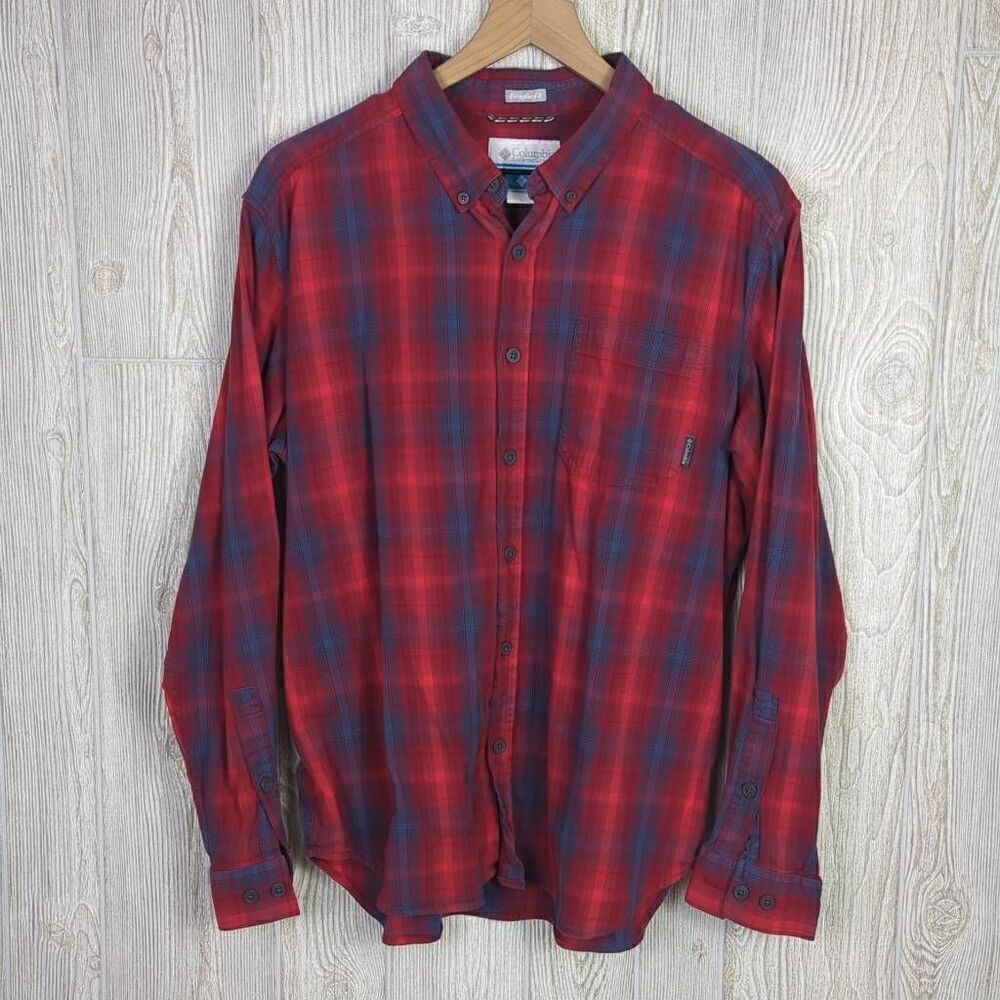 Columbia Mens Large Button Down Flannel Shirt Red Blue Plaid Long Sleeve Pocket